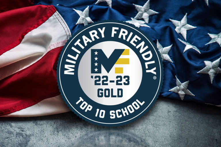 American flag with Top 10 Military Friendly School logo